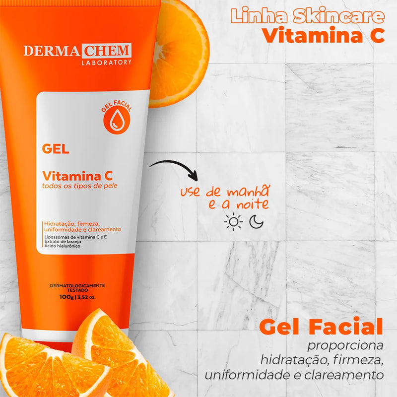 Kit 3 Cuidados com a Pele Vitamina C – Clareador Dermachem: Sérum Clear Melasma, Gel Facial Anti-idade e Sabonete Facial Vitamina C
