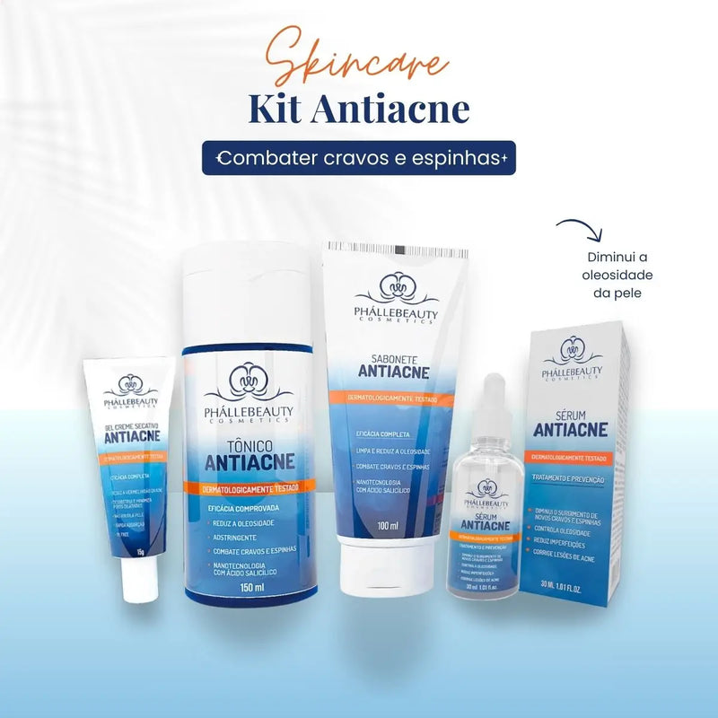 Kit 4 Cuidados com a Pele Antiacne – Sabonete, Tônico, Sérum e Gel Creme – Phállebeauty