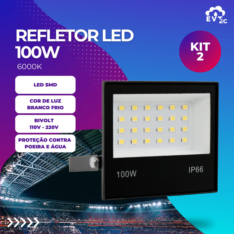 Kit 2 Refletores LED 100W Holofote Bivolt À Prova d'Água IP66 Luz Branca Fria