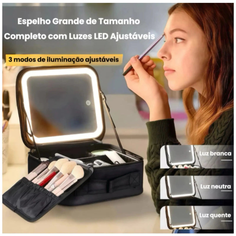 Kit Profissional Estojo de Maquiagem com Espelho LED USB com Organizador Prático e Cabo para Cosméticos e Acessórios de Maquiagem