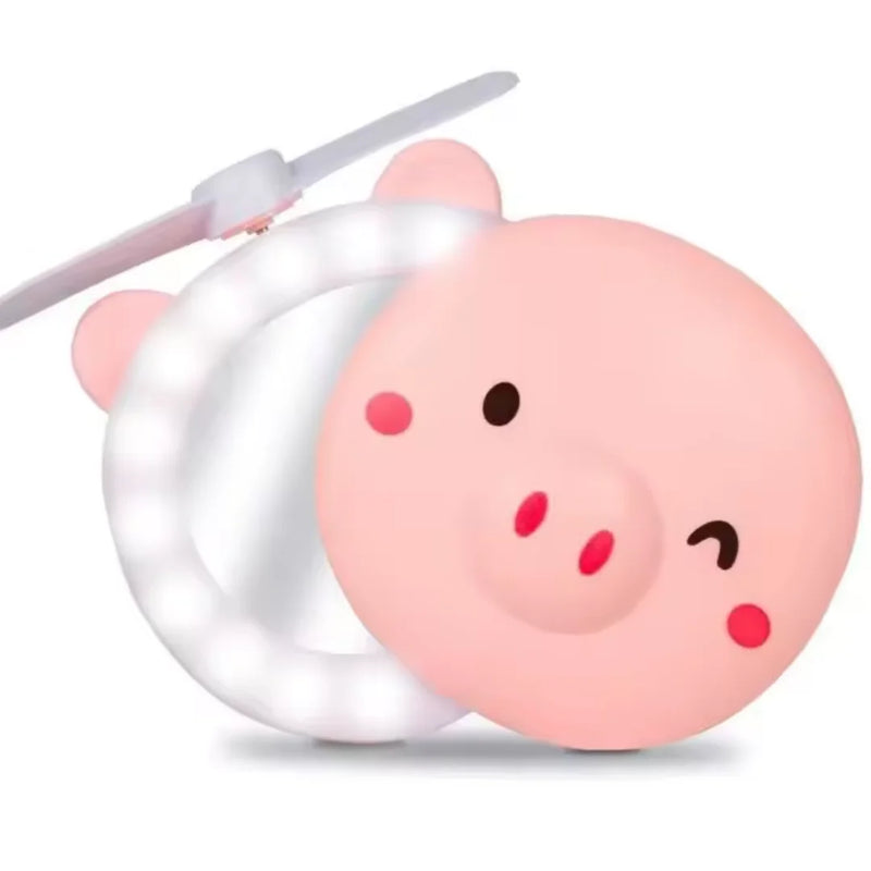 Espelho de Maquiagem Portátil com Luzes LED Piggy com Mini Ventilador Recarregável USB Espelho Cosmético Novo Verão