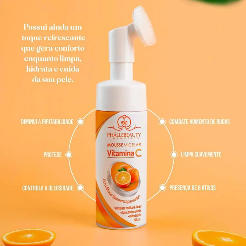 Kit de Cuidados com a Pele Vitamina C – 5 Itens: Sérum, Mousse, Máscara, Água Micelar e Esfoliante – Phállebeauty