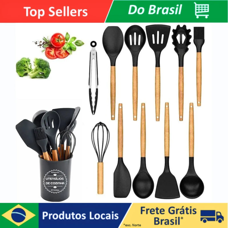 Kit de Utensílios de Cozinha – 12 Peças: Talheres, Colher de Madeira e Panela