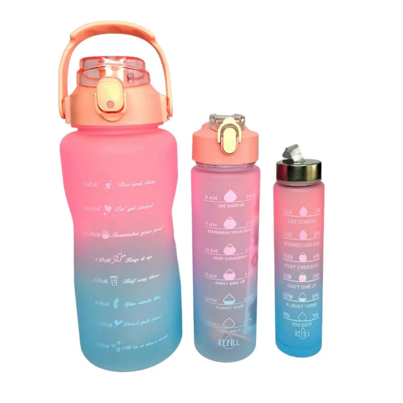 Kit com 3 Garrafas de Água Motivacionais com Adesivo e Cinto, Garrafa Esportiva