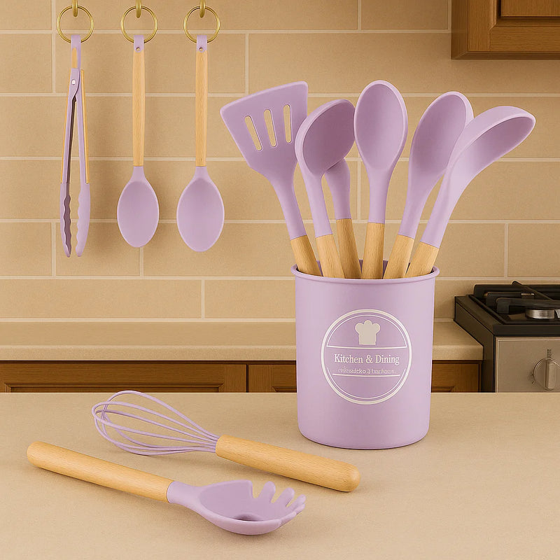 Kit de Utensílios de Cozinha Silicone com Cabo de Madeira Suporte para Colher Espátula Pegador Concha Escova de Cozinha Antiaderente