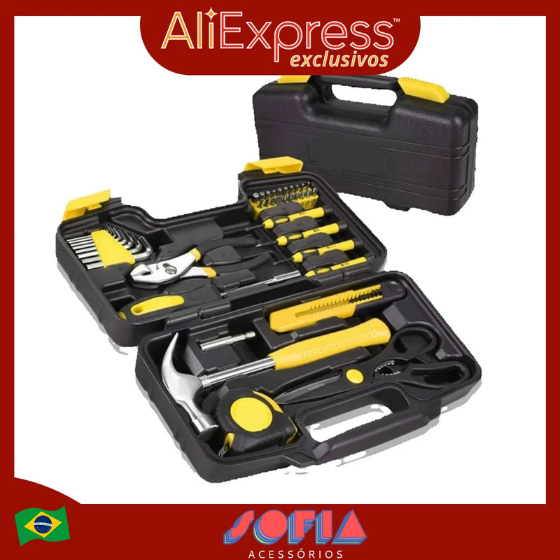 Novo Conjunto Completo de Ferramentas – 39 Peças: Chaves, Alicates, Martelo, Chave de Fenda, Estojo Organizador em Aço