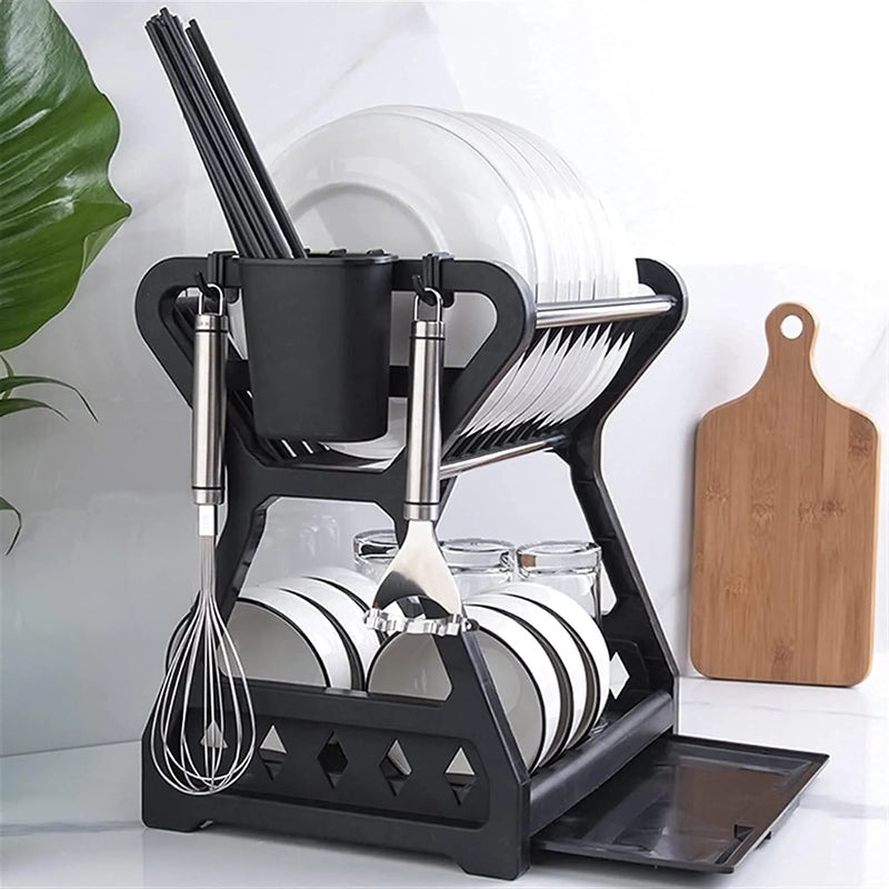 Escorredor de Louça de Bancada com Duas Camadas – Suporte para Pratos, Grelha para Talheres e Pauzinhos, Organizador Prático de Cozinha