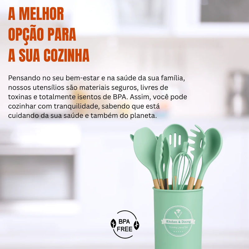 Kit de Utensílios de Cozinha Silicone com Cabo de Madeira Suporte para Colher Espátula Pegador Concha Escova de Cozinha Antiaderente
