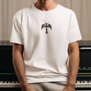 Camiseta Básica Masculina GuGi – Cruz Cristã com Asas de Anjo e Salvador, Frente e Costas, 100% Algodão Premium