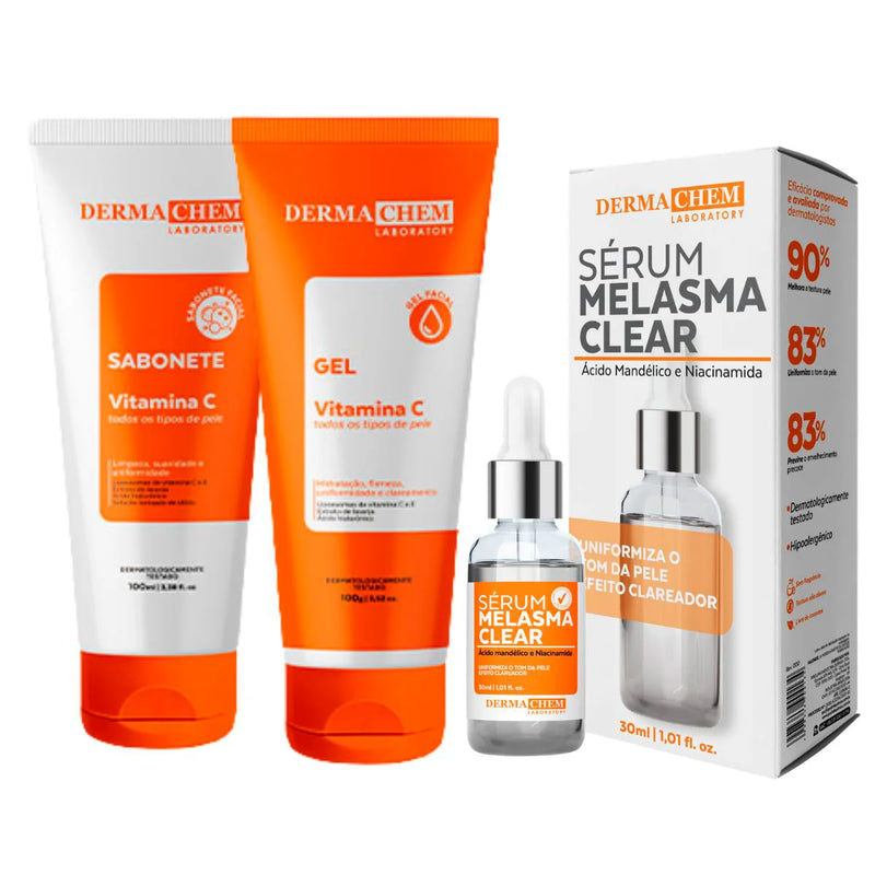 Kit 3 Cuidados com a Pele Vitamina C – Clareador Dermachem: Sérum Clear Melasma, Gel Facial Anti-idade e Sabonete Facial Vitamina C