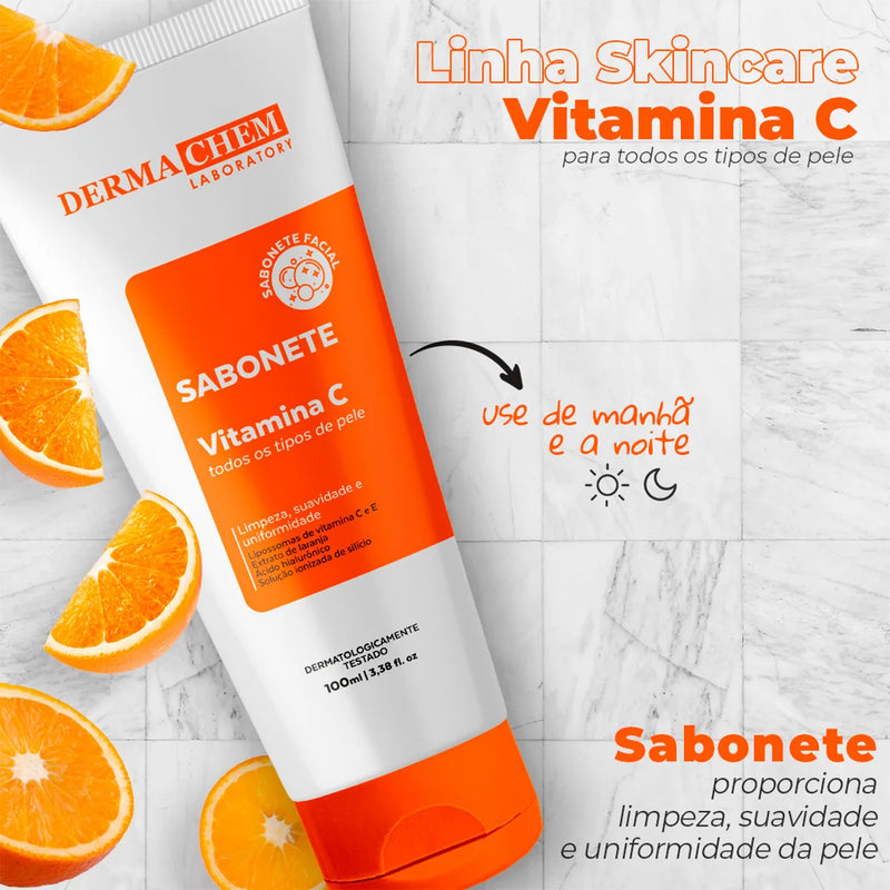 Kit 3 Cuidados com a Pele Vitamina C – Clareador Dermachem: Sérum Clear Melasma, Gel Facial Anti-idade e Sabonete Facial Vitamina C
