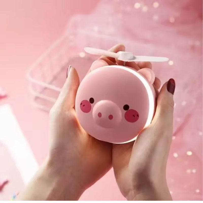 Espelho de Maquiagem Portátil com Luzes LED Piggy com Mini Ventilador Recarregável USB Espelho Cosmético Novo Verão