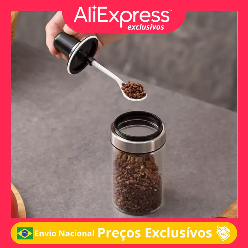 Porta Temperos de Vidro com Colher Açúcar Sal Pimenta Condimentos Orégano Tomilho Recipiente Armazenamento de Cozinha Tampa de Plástico