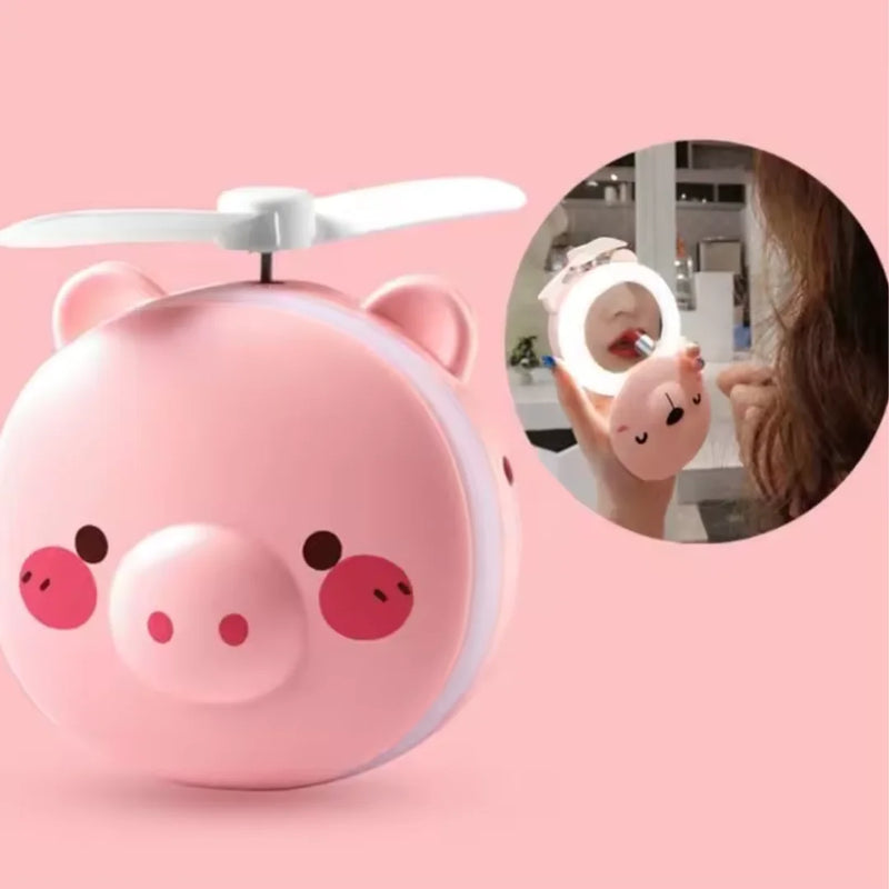 Espelho de Maquiagem Portátil com Luzes LED Piggy com Mini Ventilador Recarregável USB Espelho Cosmético Novo Verão