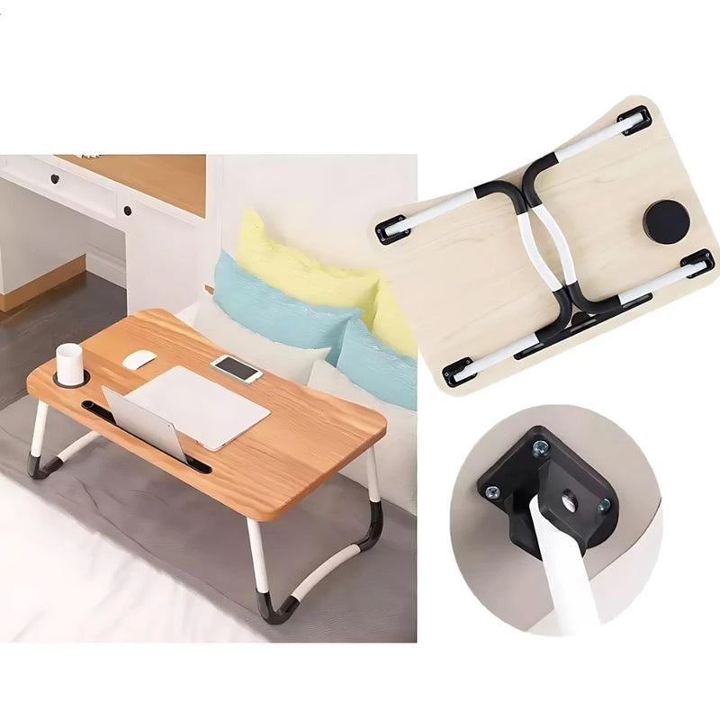 Mesa Dobrável de Madeira Portátil para Cama Estudo e Notebook Multifuncional para Lanches