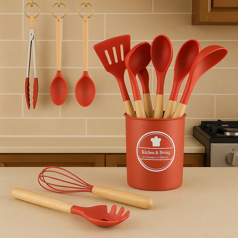 Kit de Utensílios de Cozinha Silicone com Cabo de Madeira Suporte para Colher Espátula Pegador Concha Escova de Cozinha Antiaderente