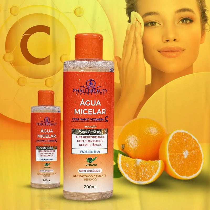 Kit de Cuidados com a Pele Vitamina C – 5 Itens: Sérum, Mousse, Máscara, Água Micelar e Esfoliante – Phállebeauty