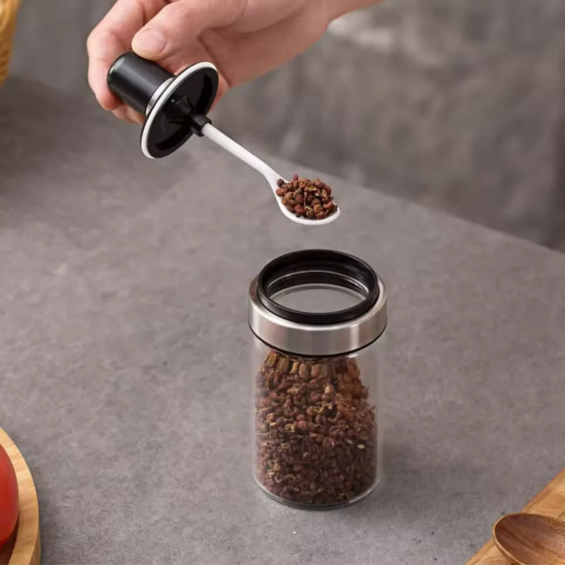Porta Temperos de Vidro com Colher Açúcar Sal Pimenta Condimentos Orégano Tomilho Recipiente Armazenamento de Cozinha Tampa de Plástico