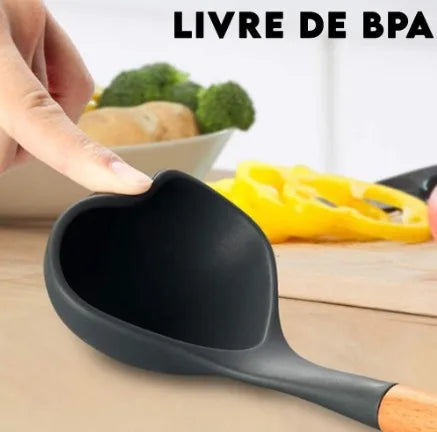 Kit de Colheres de Silicone para Cozinha – BPA Free, Antirrust, Conjunto de Utensílios de Madeira, 12 Peças