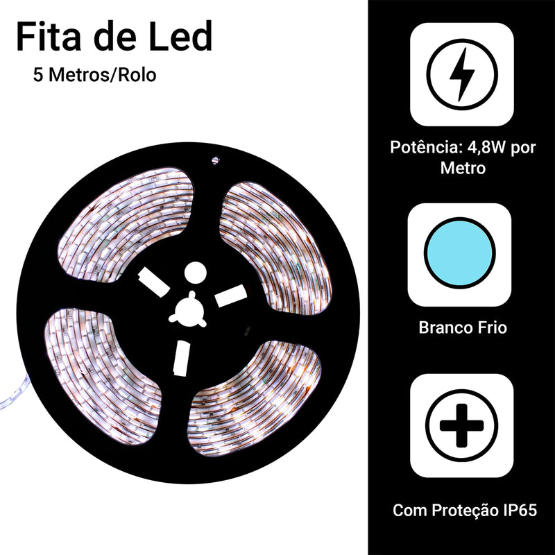 Fita de Led 5050 5 Metros com Silicone IP65 Cor da Luz Branco Frio 6000K + Fonte 12v Bivolt