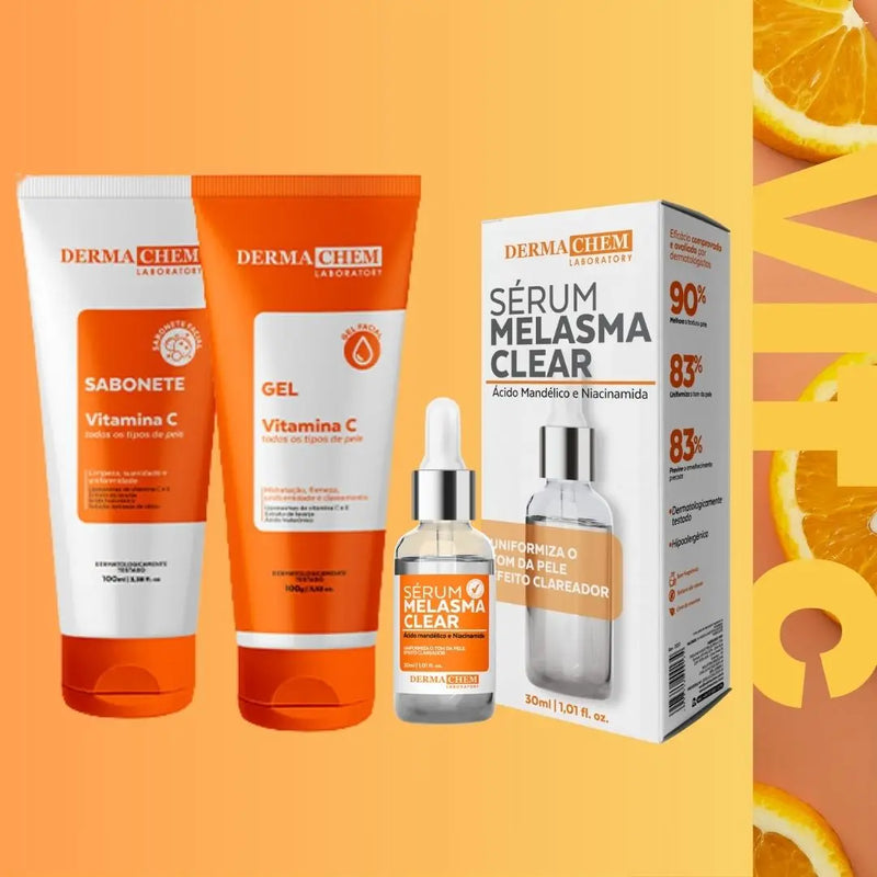 Kit 3 Cuidados com a Pele Vitamina C – Clareador Dermachem: Sérum Clear Melasma, Gel Facial Anti-idade e Sabonete Facial Vitamina C