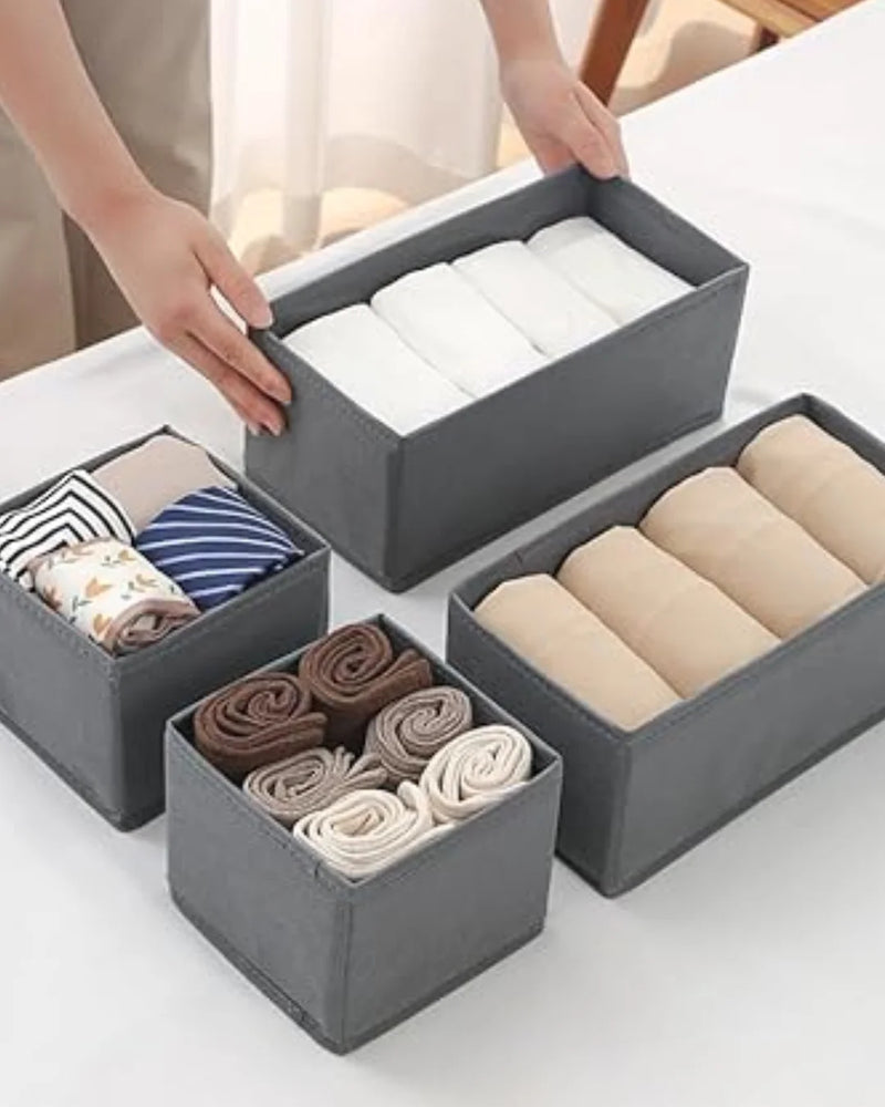 Organizador de Gavetas e Armário em Tecido Dobrável – Caixas Divisórias para Roupas Íntimas, Sutiãs, Meias, Lingerie e Roupas de Bebê