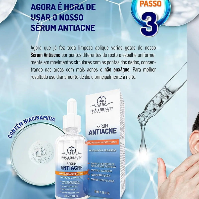 Kit 4 Cuidados com a Pele Antiacne – Sabonete, Tônico, Sérum e Gel Creme – Phállebeauty