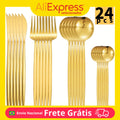 Conjunto de Talheres 24 Peças em Aço Inox Dourado – Faca, Garfo e Colher – Estilo Moderno Clássico para Cozinha e Mesa