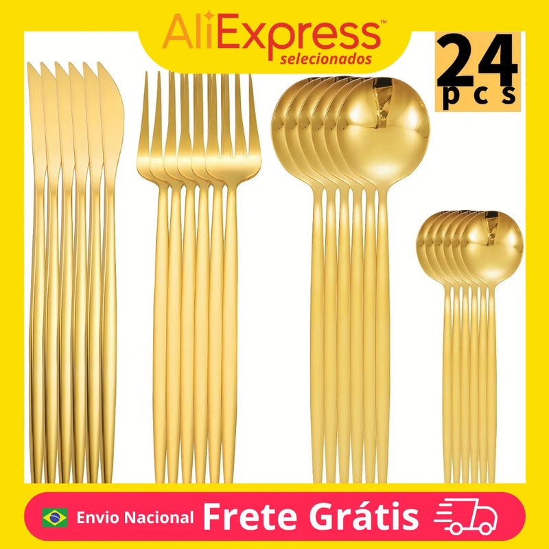 Conjunto de Talheres 24 Peças em Aço Inox Dourado – Faca, Garfo e Colher – Estilo Moderno Clássico para Cozinha e Mesa