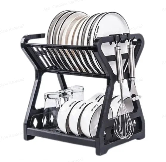 Escorredor de Louça de Bancada com Duas Camadas – Suporte para Pratos, Grelha para Talheres e Pauzinhos, Organizador Prático de Cozinha