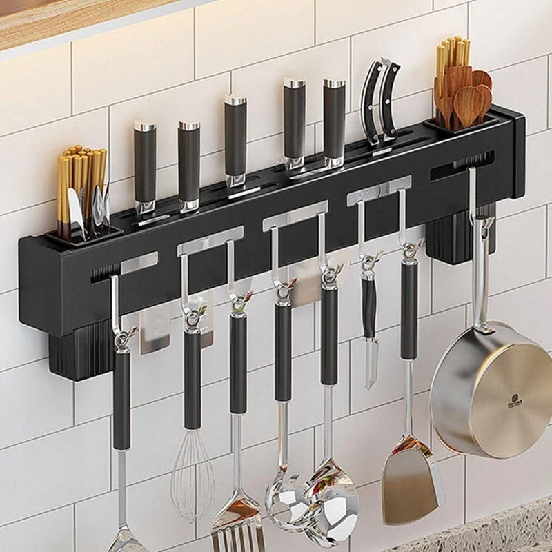 Organizador de Cozinha para Pendurar Utensílios, Panelas e Copos – Prateleira em Aço Inoxidável para Armário ou Parede com Gancho Multiuso