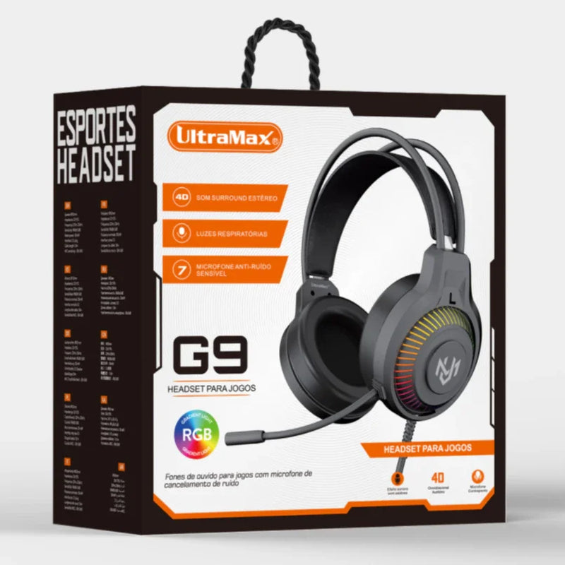 Headset Gamer Ult-G9 Fone de Ouvido com Microfone RGB LED Compatível com PS4, PS5, Xbox One, Celular e Computador