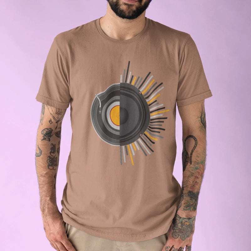Camiseta Masculina GuGi – Disco de Vinil, Caixas de Som, Música Retro Rock Anos 70, CM01
