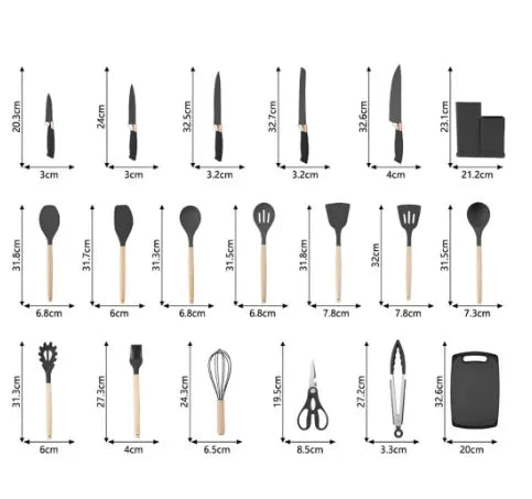 Kit 19 Peças Completo Jogo Utensílios de Cozinha Luxo Com Tábua em Silicone Espátula Faca Tesoura 2000GR Kitchen Presente Cores
