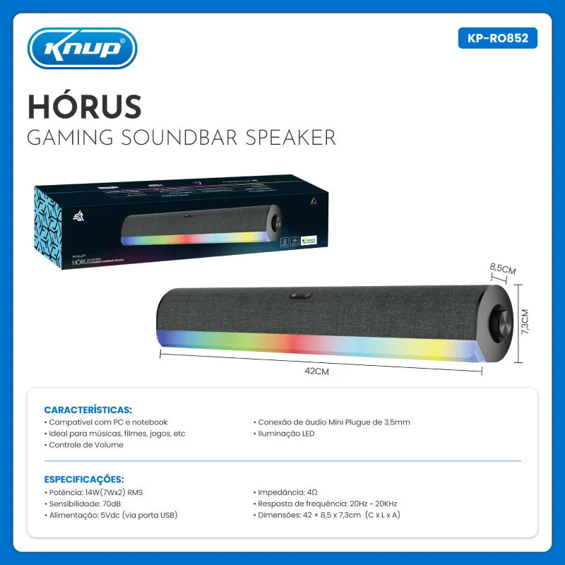 Soundbar Gamer Knup KP-RO852 – 14W RMS, RGB, Entrada P2/USB, Controle de Volume, Caixa de Som para PC, Notebook, TV e Monitor Wide