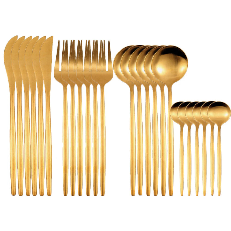 Conjunto de Talheres 24 Peças em Aço Inox Dourado – Faca, Garfo e Colher – Estilo Moderno Clássico para Cozinha e Mesa