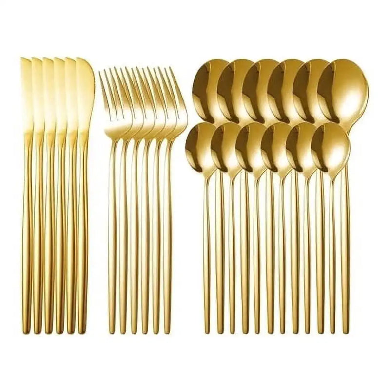 Conjunto de Talheres 24 Peças em Aço Inox Dourado – Faca, Garfo e Colher – Estilo Moderno Clássico para Cozinha e Mesa