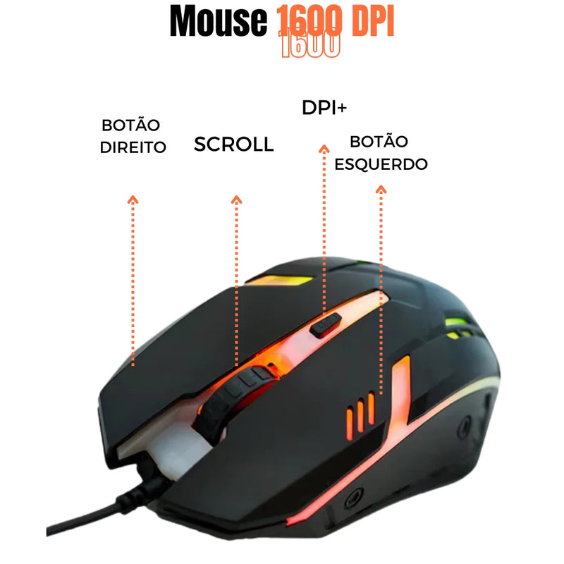 Kit Gamer Mobilator One Hand 60% Teclado Preto com LED com Fio Mouse para Celular Tripé USB RGB OTG
