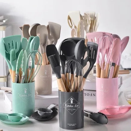 Kit de Colheres de Silicone para Cozinha – BPA Free, Antirrust, Conjunto de Utensílios de Madeira, 12 Peças