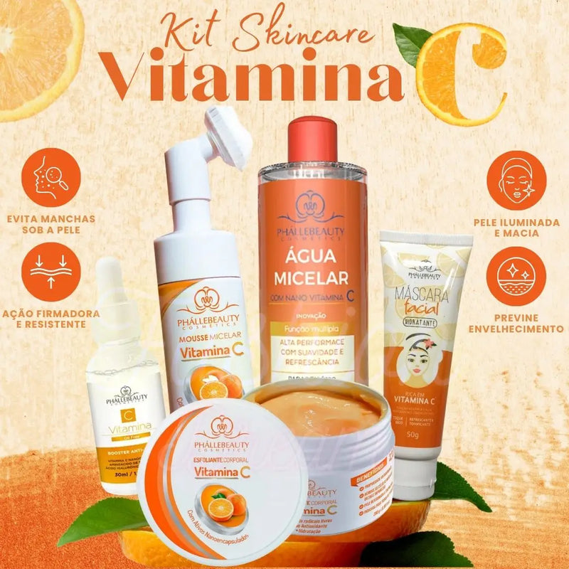 Kit de Cuidados com a Pele Vitamina C – 5 Itens: Sérum, Mousse, Máscara, Água Micelar e Esfoliante – Phállebeauty