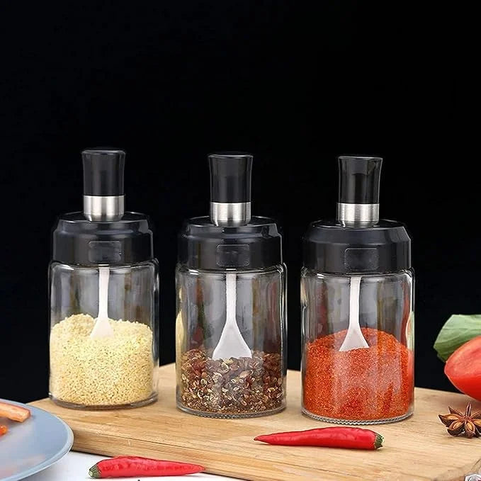Porta Temperos de Vidro com Colher Açúcar Sal Pimenta Condimentos Orégano Tomilho Recipiente Armazenamento de Cozinha Tampa de Plástico