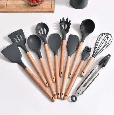 Kit de Colheres de Silicone para Cozinha – BPA Free, Antirrust, Conjunto de Utensílios de Madeira, 12 Peças