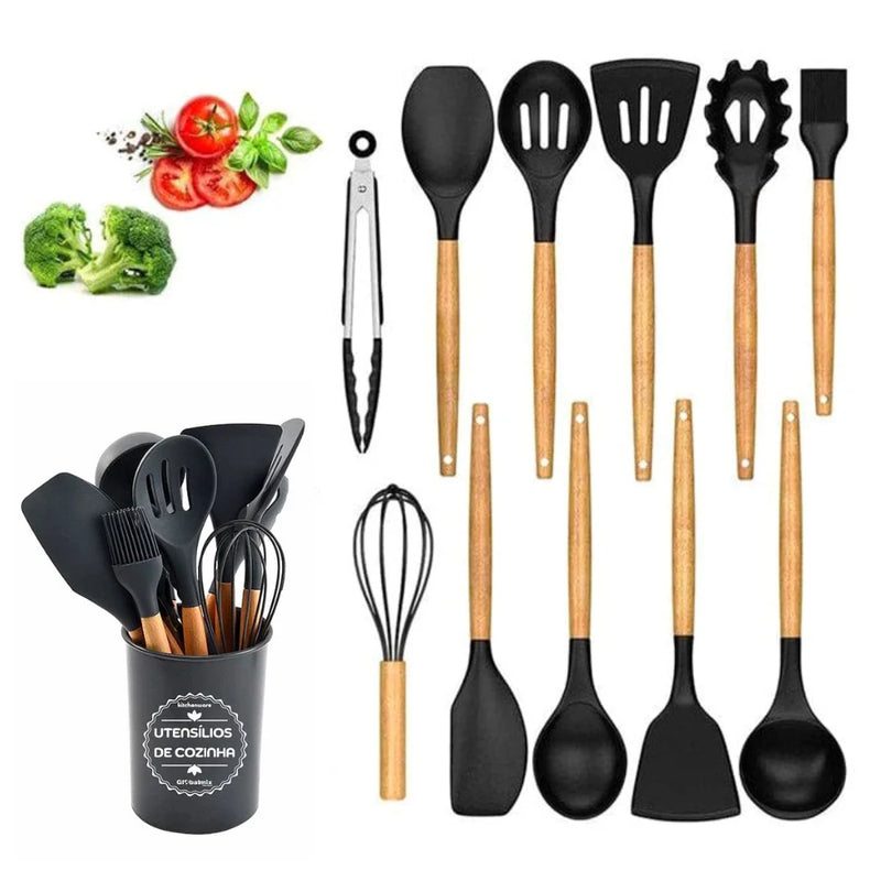 Kit de Utensílios de Cozinha – 12 Peças: Talheres, Colher de Madeira e Panela