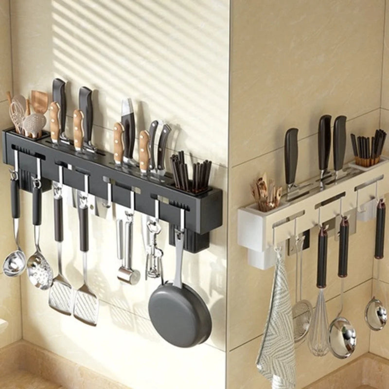 Organizador de Cozinha para Pendurar Utensílios, Panelas e Copos – Prateleira em Aço Inoxidável para Armário ou Parede com Gancho Multiuso