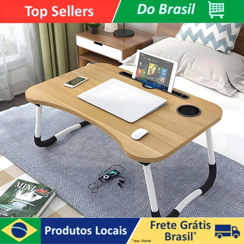 Mesa Dobrável de Madeira Portátil para Cama Estudo e Notebook Multifuncional para Lanches
