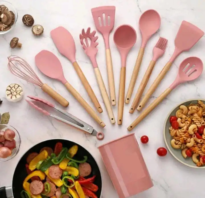 Kit de Colheres de Silicone para Cozinha – BPA Free, Antirrust, Conjunto de Utensílios de Madeira, 12 Peças