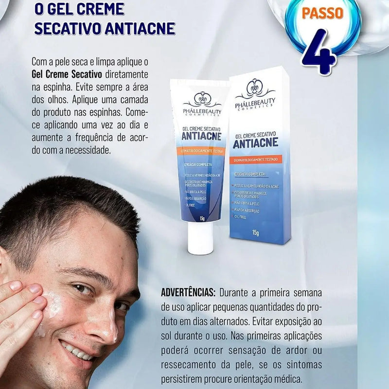 Kit 4 Cuidados com a Pele Antiacne – Sabonete, Tônico, Sérum e Gel Creme – Phállebeauty