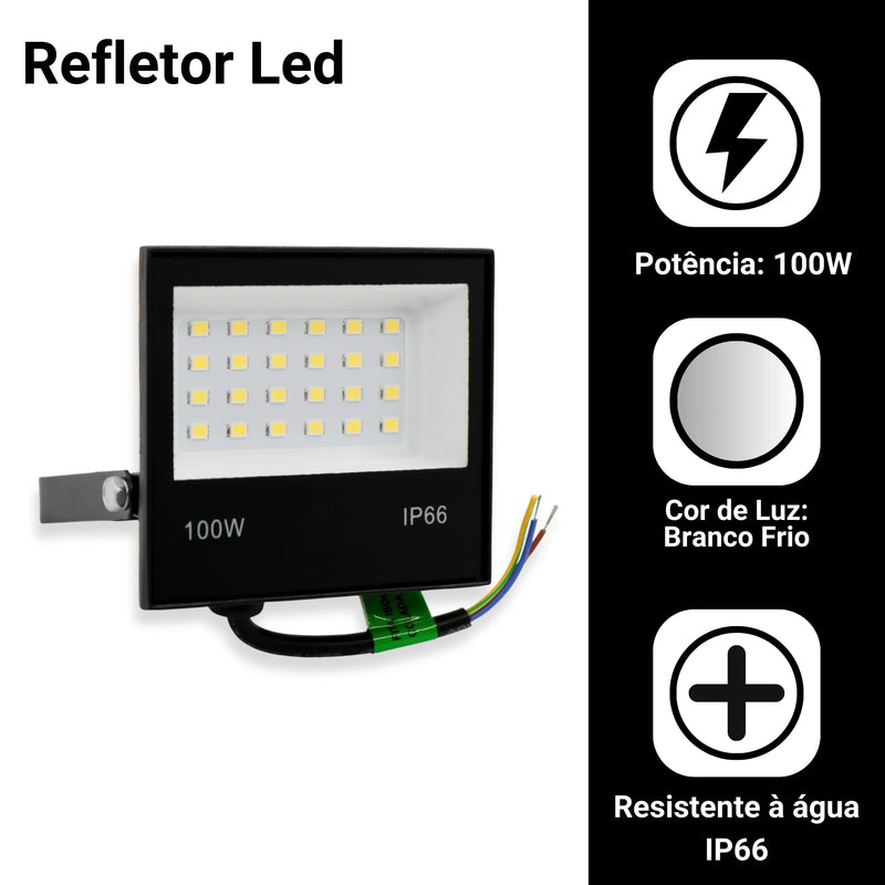 Kit 2 Refletores LED 100W Holofote Bivolt À Prova d'Água IP66 Luz Branca Fria