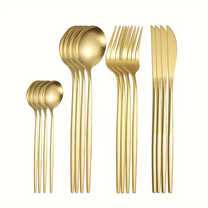 Conjunto de Talheres 24 Peças em Aço Inox Dourado – Faca, Garfo e Colher – Estilo Moderno Clássico para Cozinha e Mesa