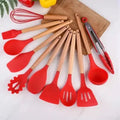 Kit de Colheres de Silicone para Cozinha – BPA Free, Antirrust, Conjunto de Utensílios de Madeira, 12 Peças